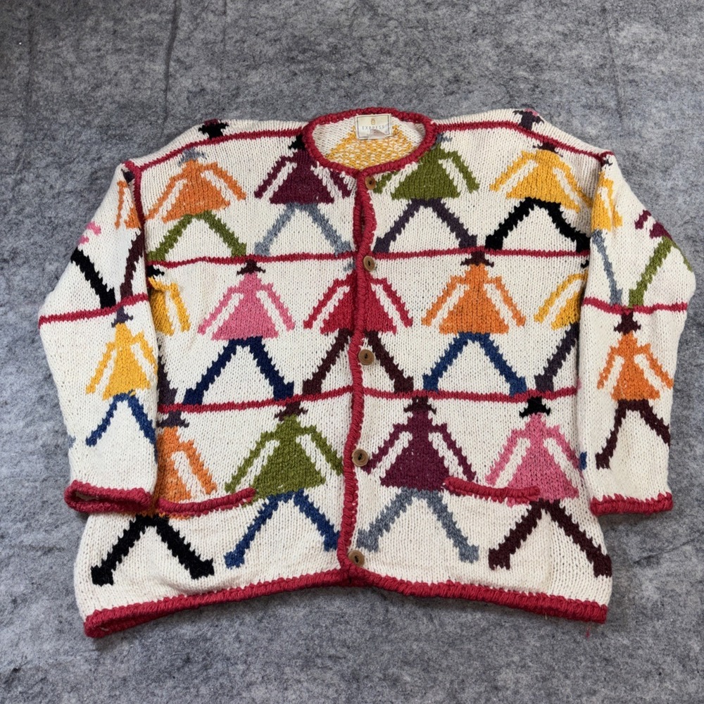 Vintage Express Tricot Hand Knit Wool Cardigan Sweater Rainbow People Bolivia XL